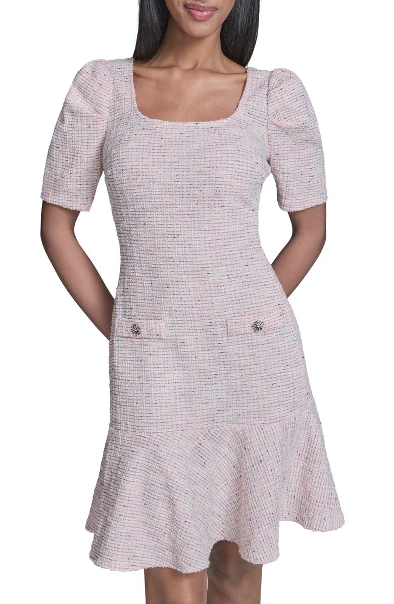 KARL LAGERFELD Frill Hem Metallic Tweed Dress, Alternate, color, Pink Multi