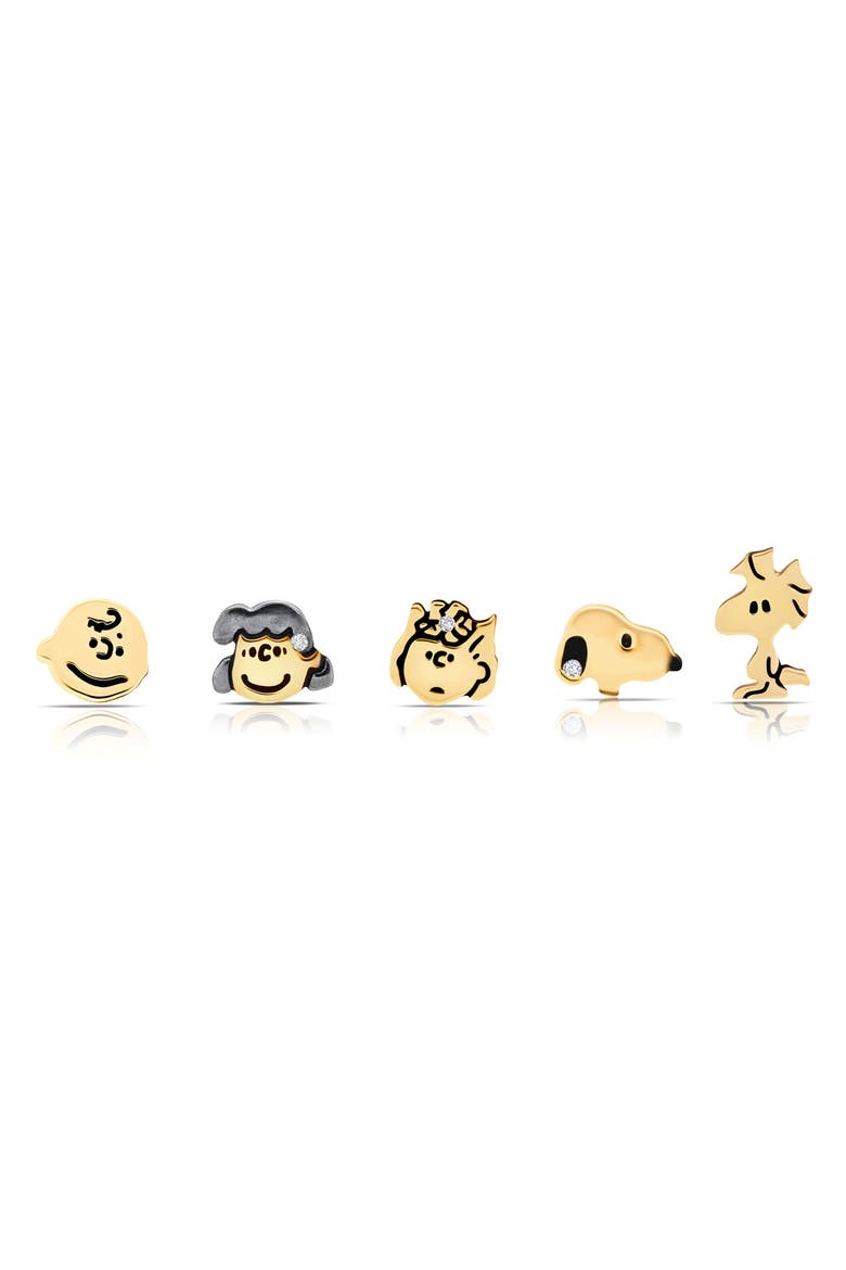 x Peanuts® Snoopy & the Gang Set of 5 Assorted Single Stud Earrings, Main, color, 18KT YELLOW GOLD / CLEAR STONE