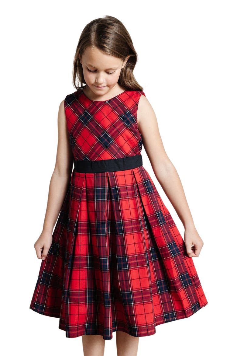 Baby Girls' Pleated Party Dress, Infant, Main, color, Red Holiday Plaid