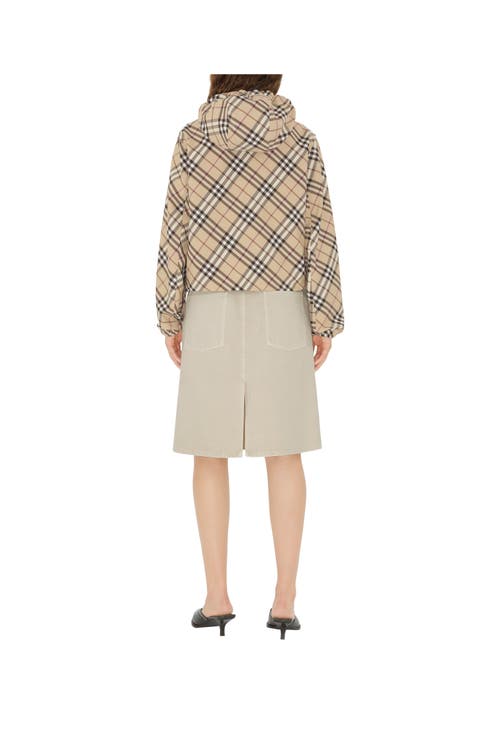 Burberry Cropped Hooded Jacket With Classic Plaid Pattern In Alabaster