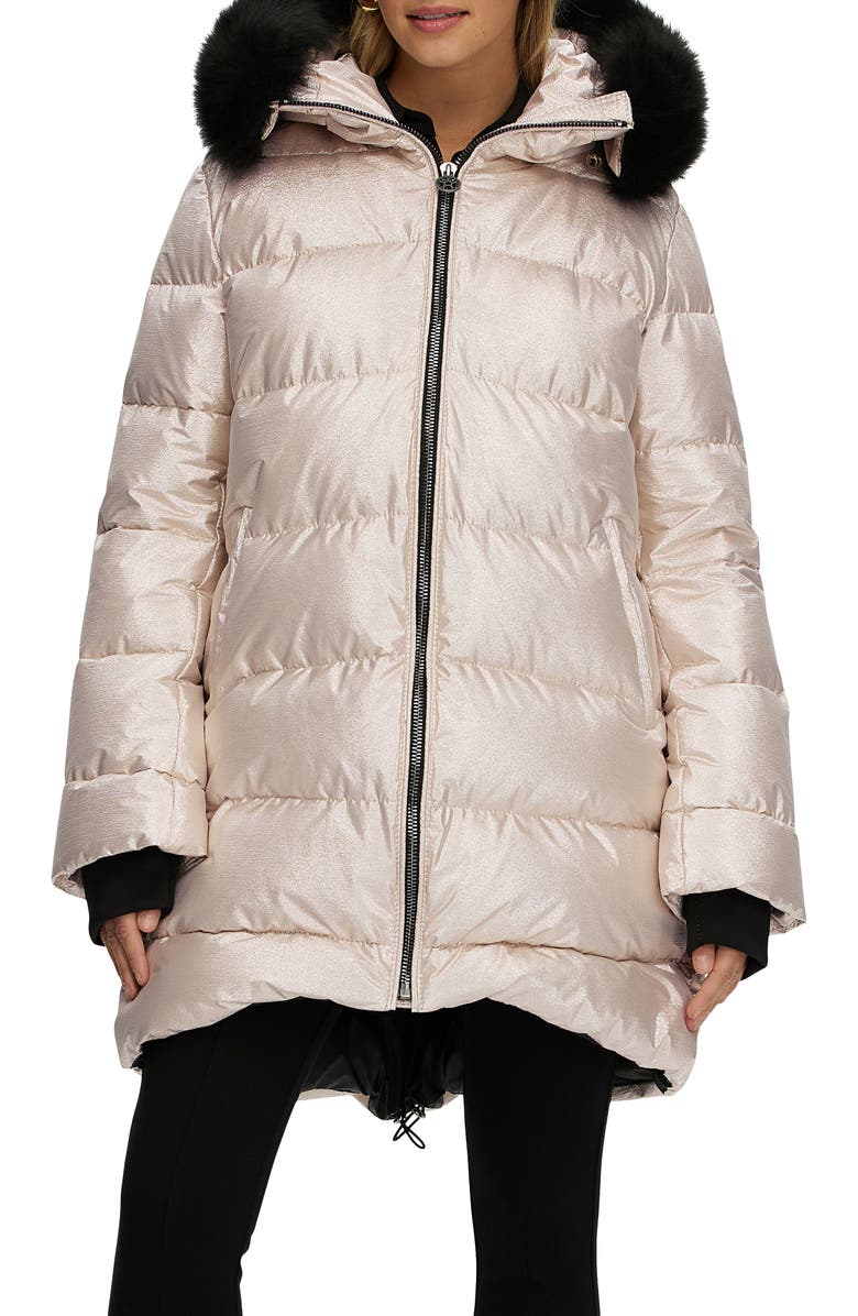 GORSKI Apres-Ski Horizontal Long Coat with Detachable Genuine Shearling Hood Trim, Alternate, color, Gold/Black