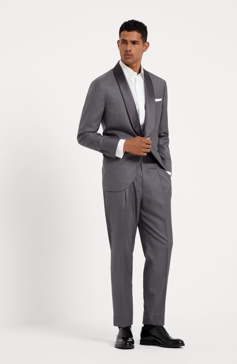 Brunello Cucinelli Lightweight virgin wool and silk twill tuxedo with shawl lapel jacket and pleated trousers, Alternate, color,
