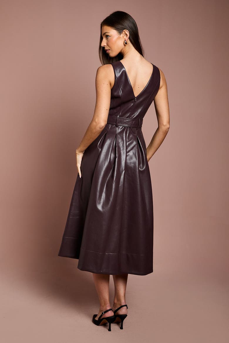 Sleeveless Pu Belted Dress, Alternate, color, Brown