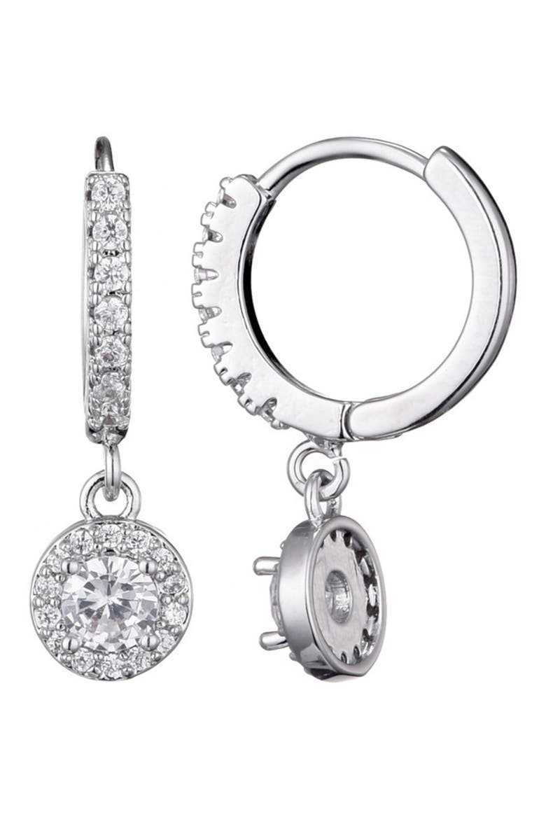 Cubic Zirconia Halo Drop Huggie Hoop Earrings, Main, color, SILVER
