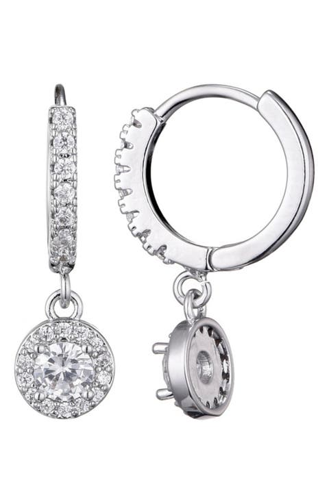 Cubic Zirconia Halo Drop Huggie Hoop Earrings