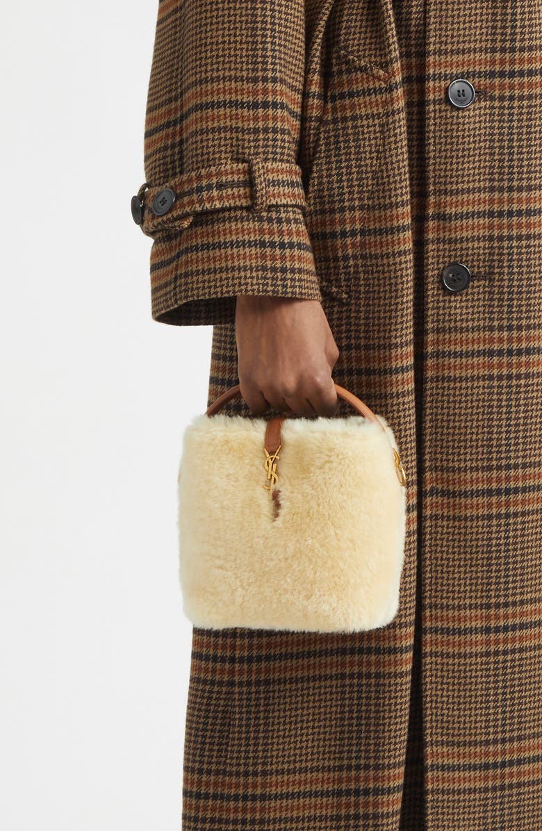 Saint Laurent Mini Le 37 Genuine Shearling Bucket Bag, Alternate, color, Cream Beige/ Brick