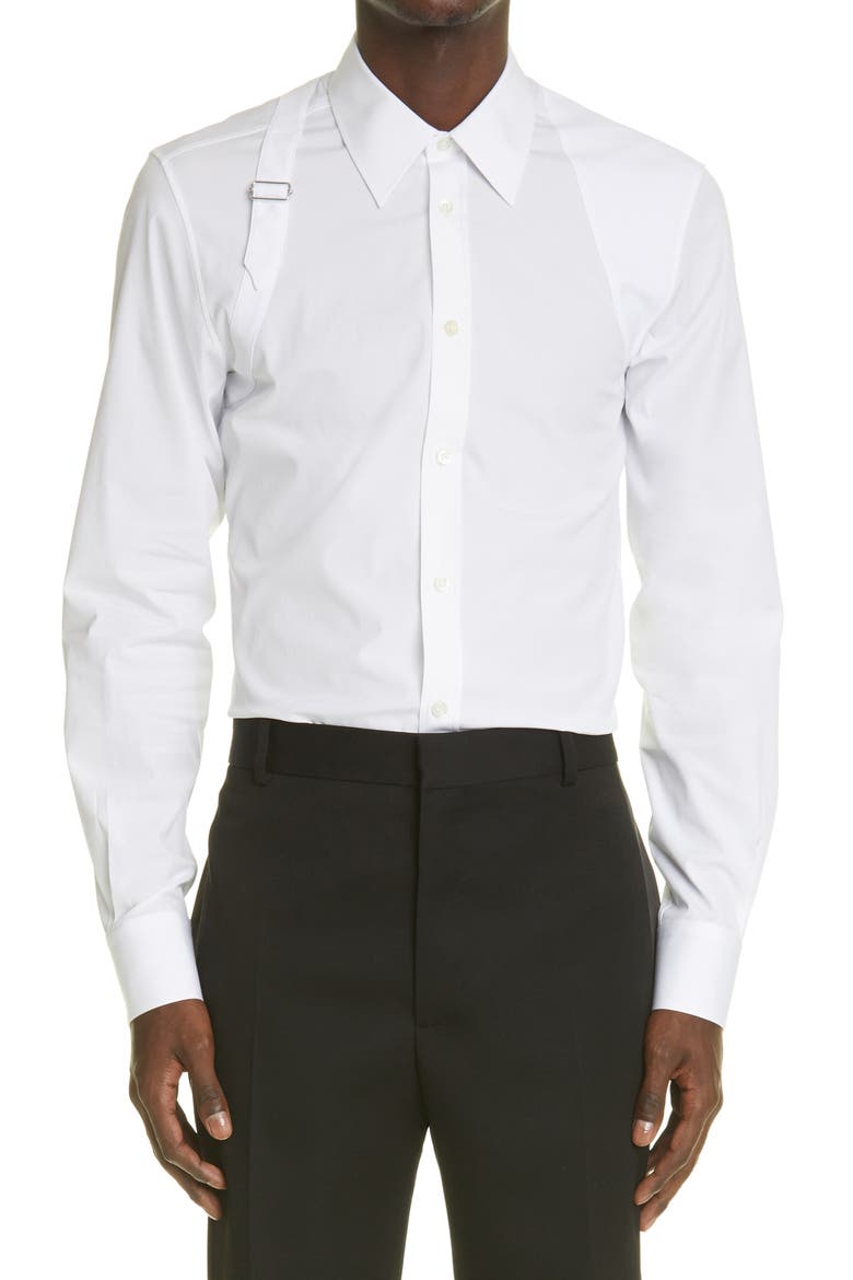 Alexander McQueen Harness Stretch Poplin Men's Button-Up Shirt, Main, color, WHITE MUTLI