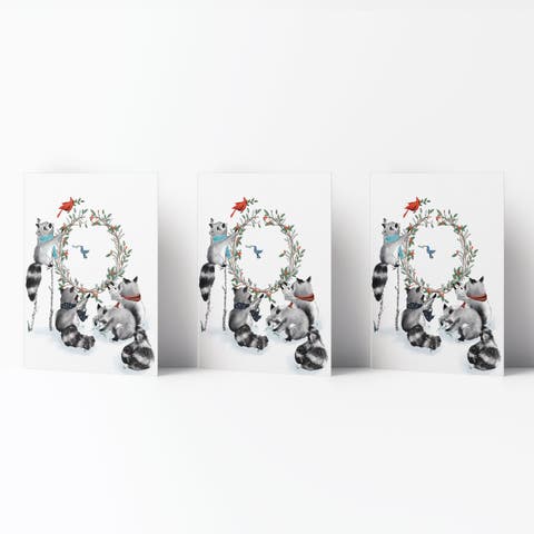 Winter/Holiday Greeting Card Pack Sets (3 ct) Raccoon Family Wreath