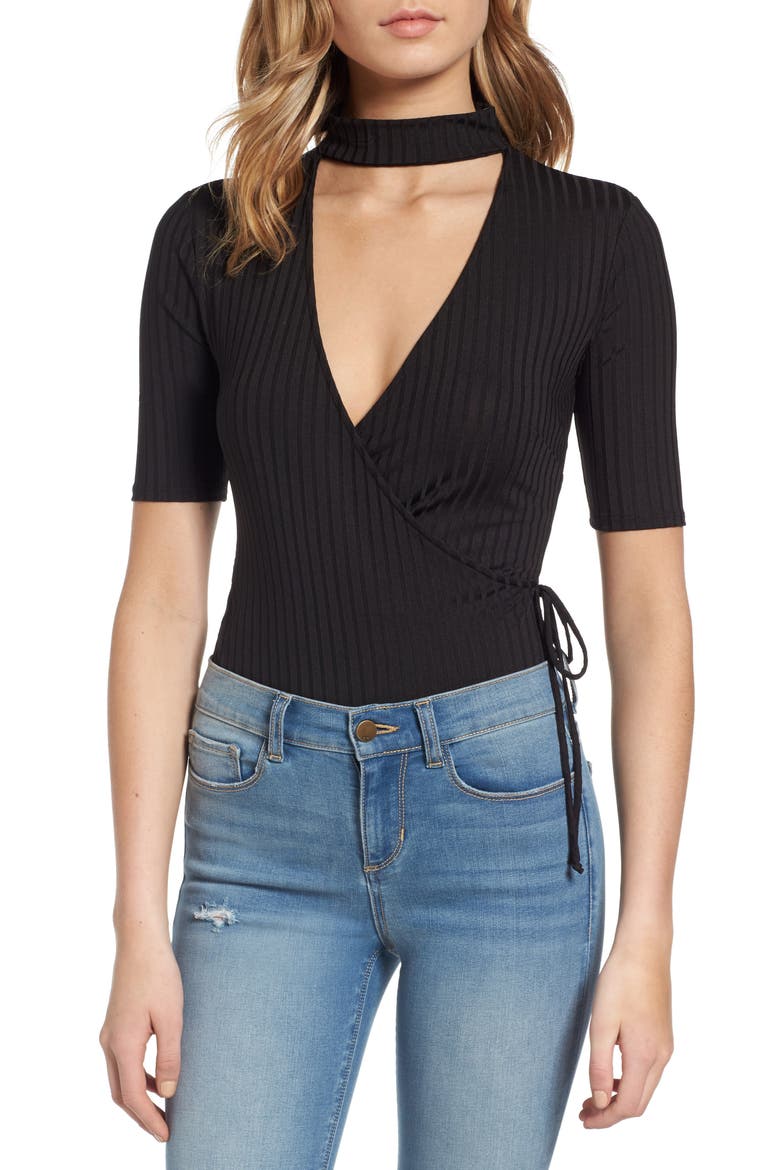Rib Choker Bodysuit, Main, color, BLACK