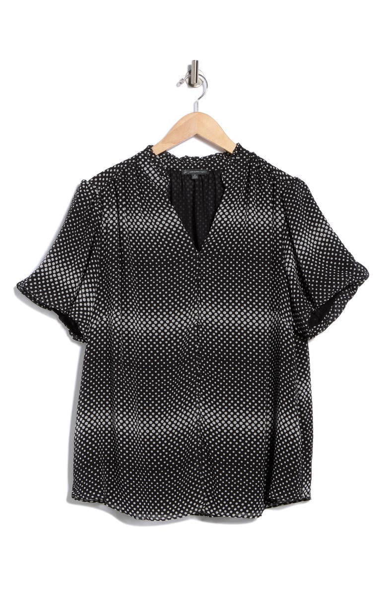 Adrianna Papell Short Sleeve Button-Up Top, Alternate, color, Black/ Cream Rising Dot