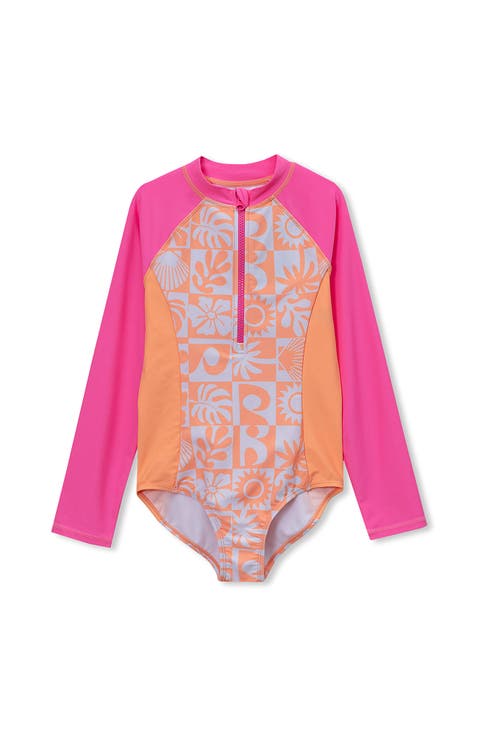 Girls Long Sleeve Half Zip One Piece UPF 50 Swimsuit