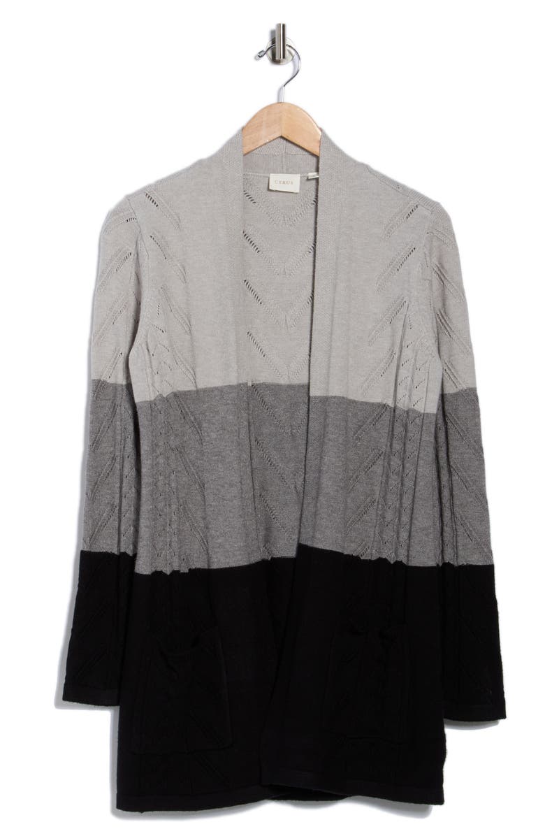 CYRUS Colorblock Pointelle Cardigan, Alternate, color, Lt H Grey/ Med H Grey/ Black