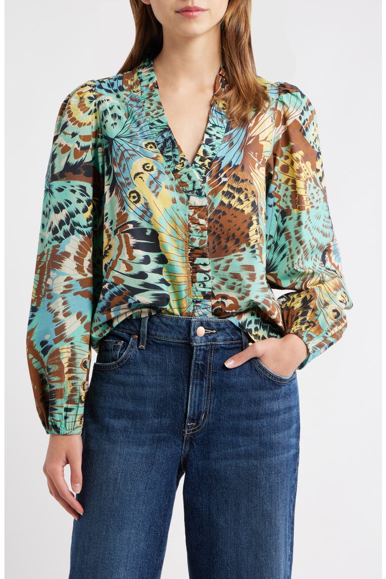 Zalda Ruffle Trim Cotton Button-Up Top, Main, color, BORN TO FLY PRINT