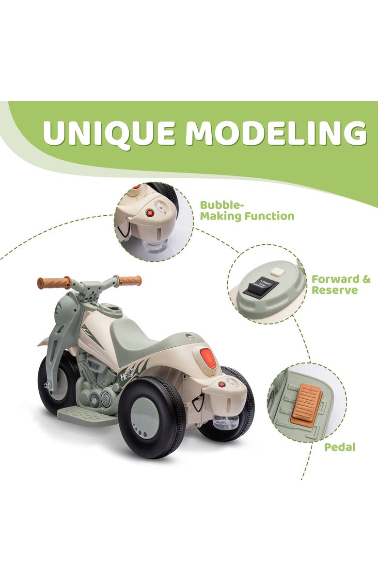 Qaba 6V 3-Wheeled Kids Ride on Motorcycle with Lights, Music, Alternate, color, 