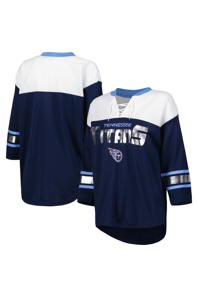 Women's G-III 4Her by Carl Banks Navy/White Tennessee Titans Double Team 3/4-Sleeve Lace-Up T-Shirt, Main, color, Navy