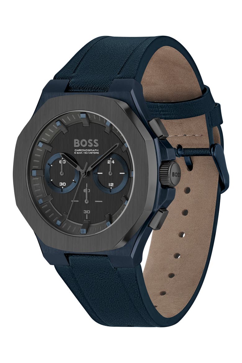 Taper Chronograph Leather Strap Watch, Alternate, color, BLACK