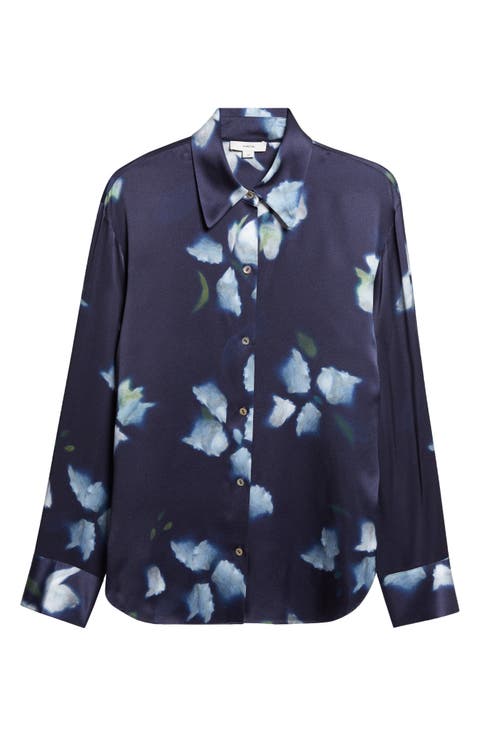Petal Blur Floral Silk Button-Up Shirt