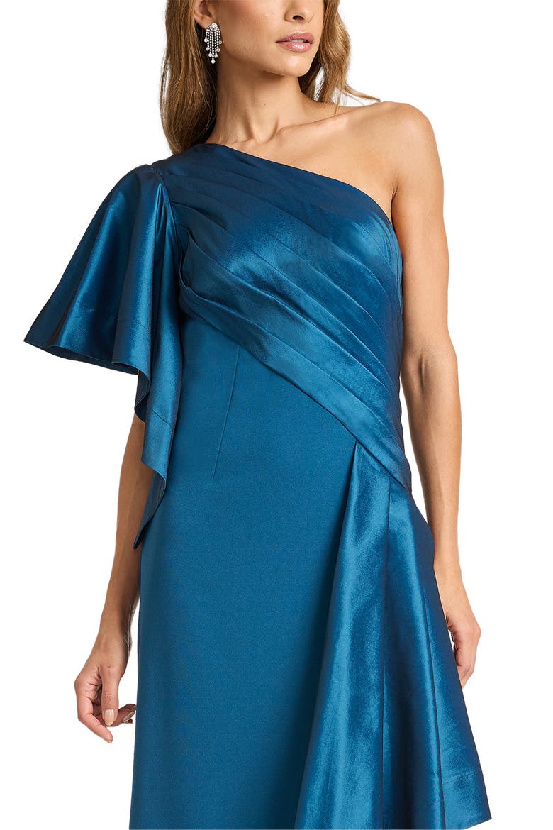 Draped One-Shoulder Mixed Media Gown, Alternate, color, CERULEAN
