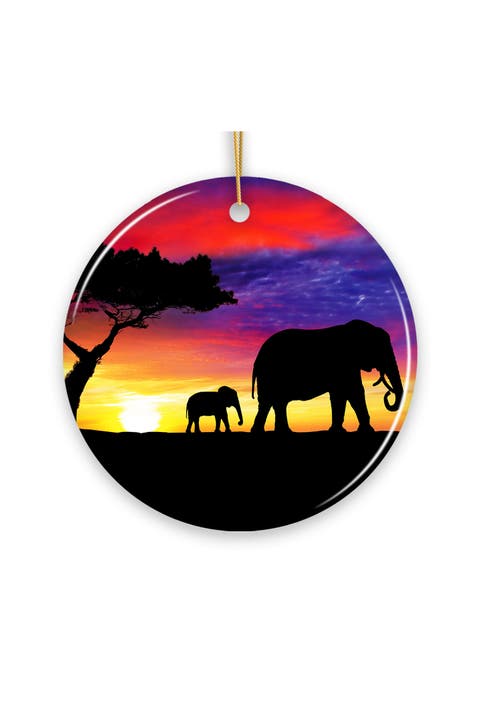 African Sunset Elephant Silhouette Ceramic Ornament
