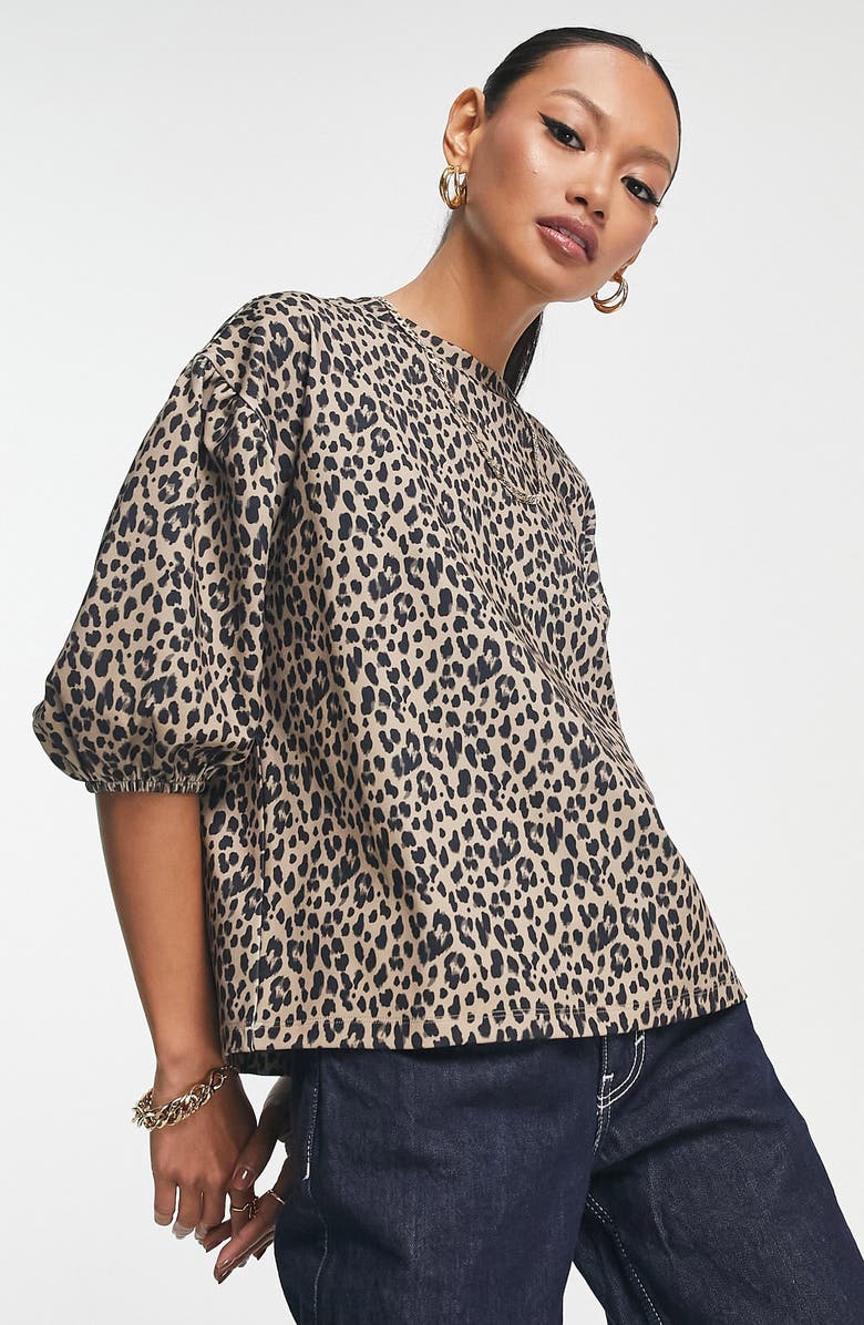 ASOS DESIGN Leopard Print Puff Sleeve Scuba Top, Main, color, 