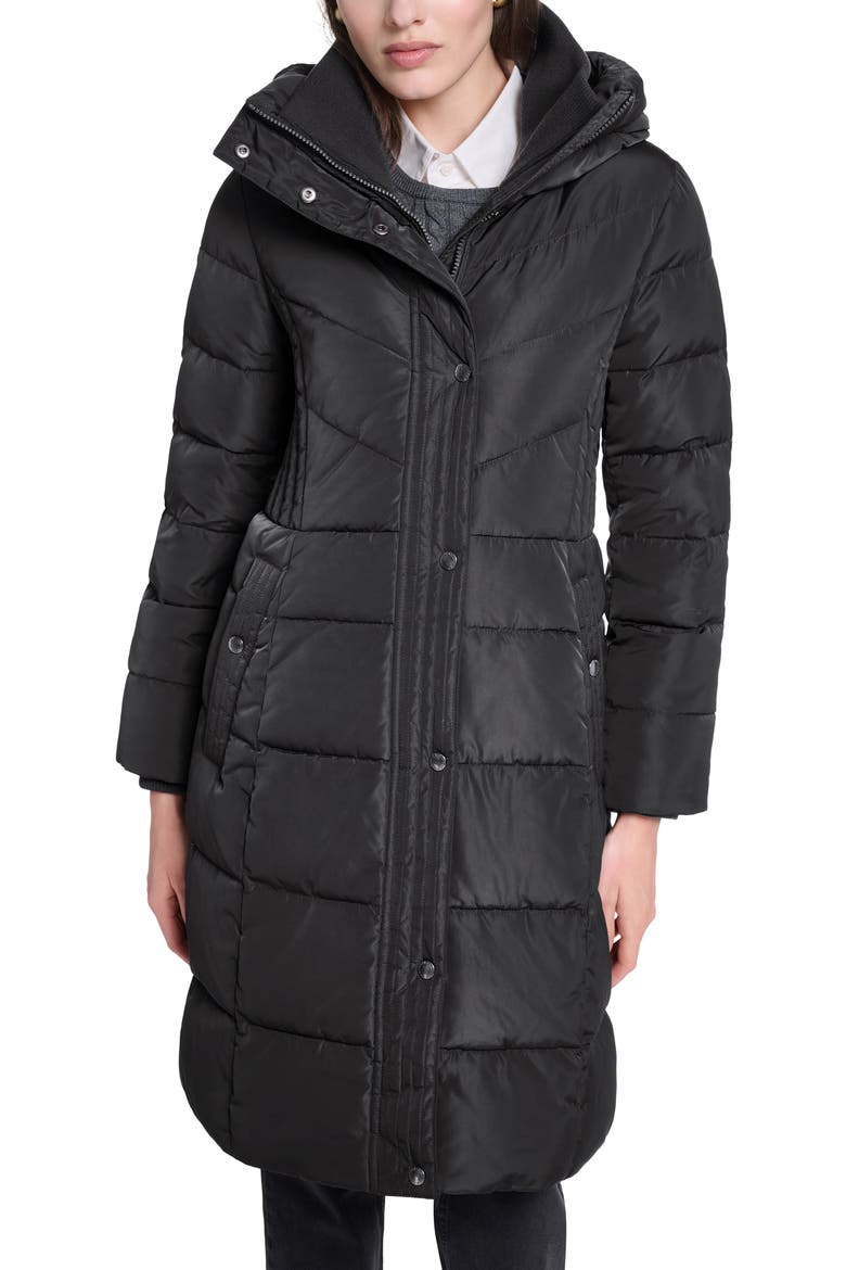 Taffeta Down & Feather Fill Puffer Coat with Stowaway Hood, Main, color, BLACK