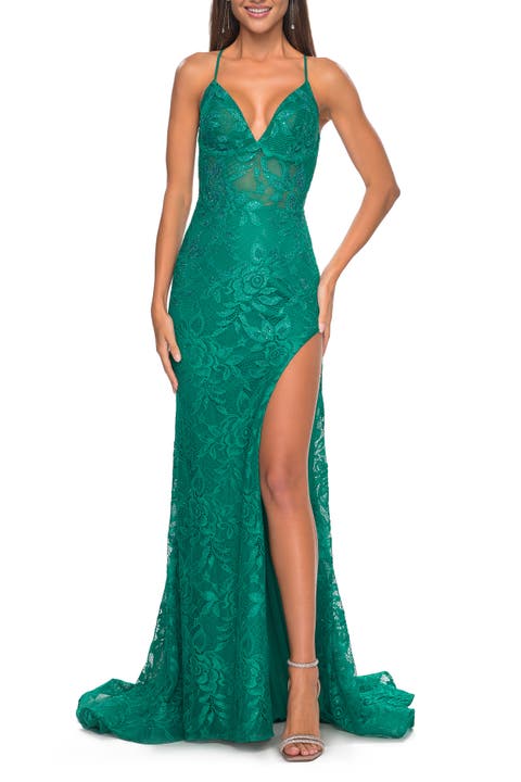 Rhinestone Lace Embellished Prom Dress with High Side Slit in Bright Colors