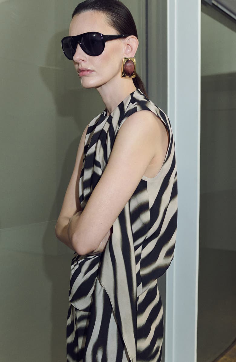 MANGO Zebra Stripe Tie Neck Top, Alternate, color, Black