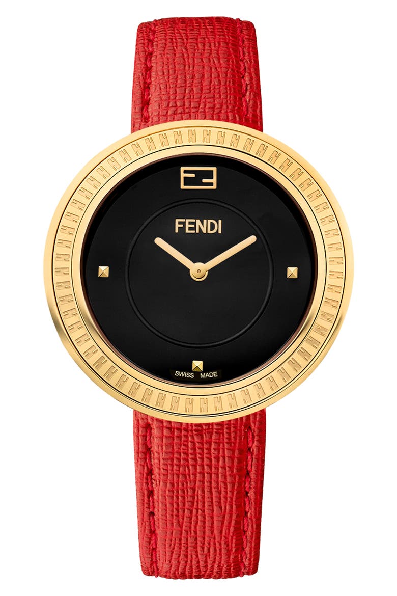 My Way Genuine Fox Fur Leather Strap Watch, 36mm, Main, color, GOLD