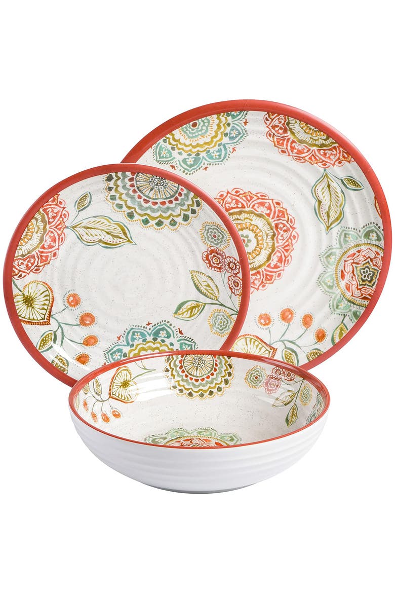 Brick Floral Ripple 12pc Melamine Dinnerware Set, Alternate, color, Red