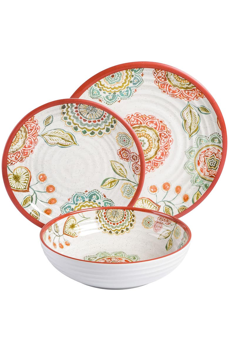 Laurie Gates Brick Floral Ripple 12pc Melamine Dinnerware Set, Alternate, color, Red