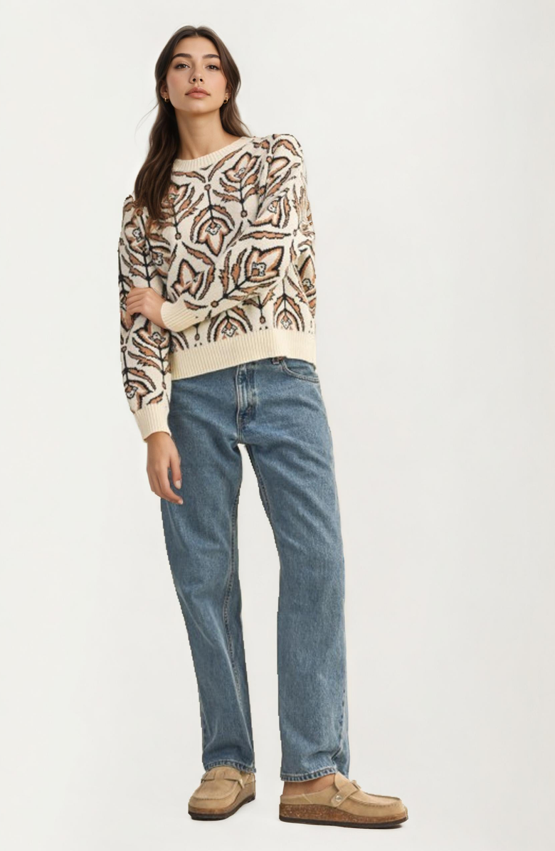 Knit and Lounge Crew Neck Abstract Floral Sweater, Alternate, color, Cream / Brown / Black