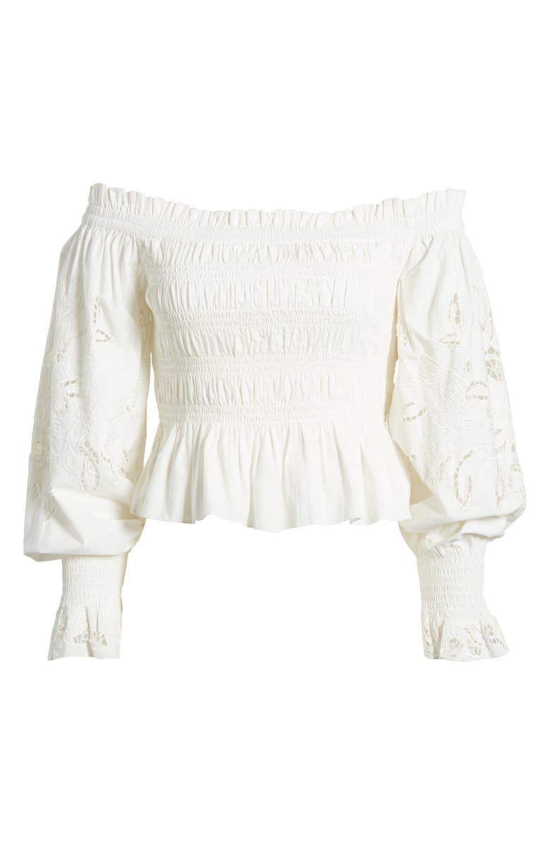 AllSaints Lara Smocked Eyelet Embroidered Off the Shoulder Top, Alternate, color,