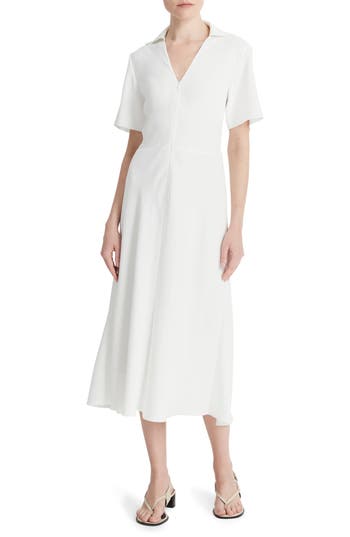 Vince Short-sleeve Zip-front Midi Polo Dress In White