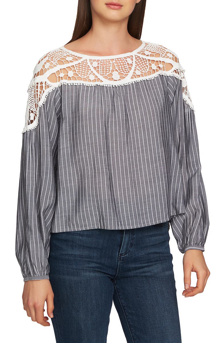 1.STATE Lace Yoke Pinstripe Blouse, Main, color, Rich Black