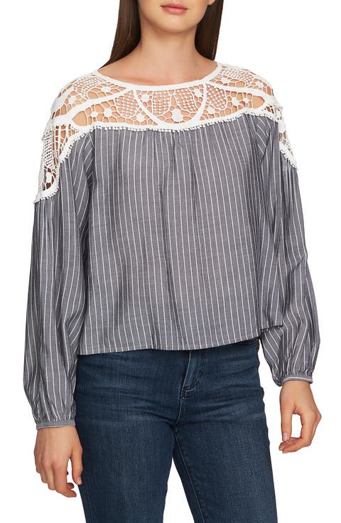 Lace Yoke Pinstripe Blouse