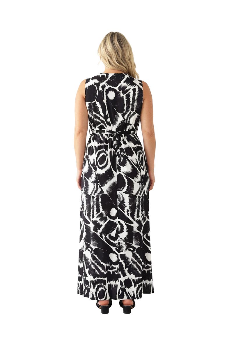 Curvy Essential Abstract Print V-Neck Sleeveless Tie Back Empire Waist Maxi Dress, Alternate, color, Black Multi