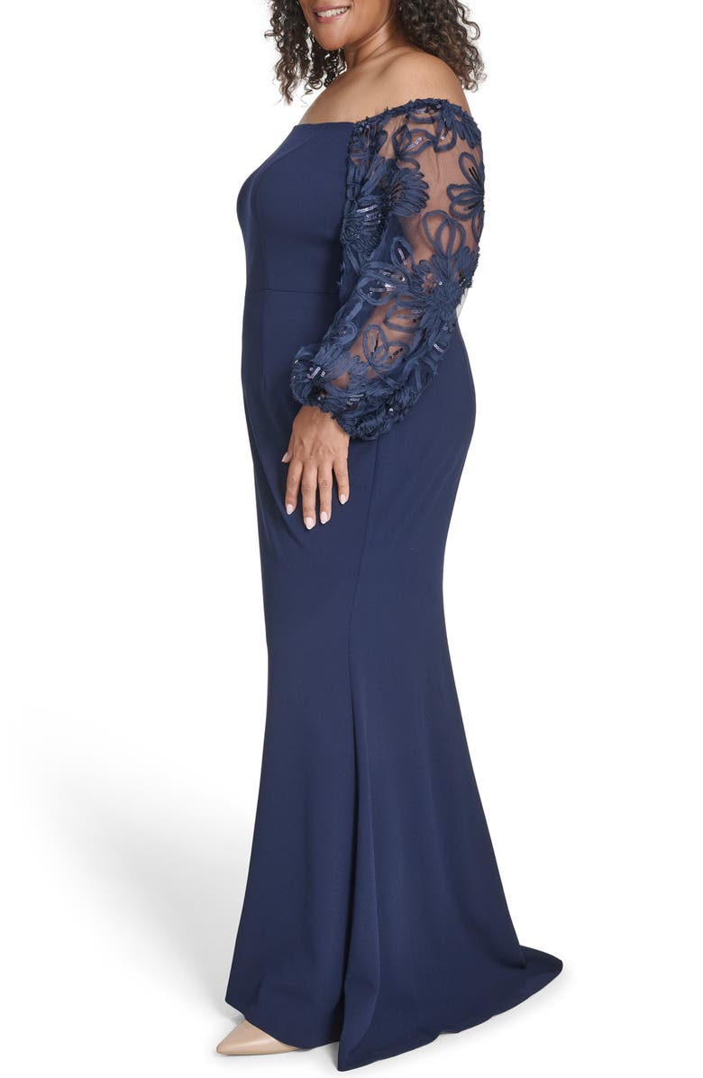 Eliza J Off the Shoulder Lace Long Sleeve Gown, Alternate, color, Navy