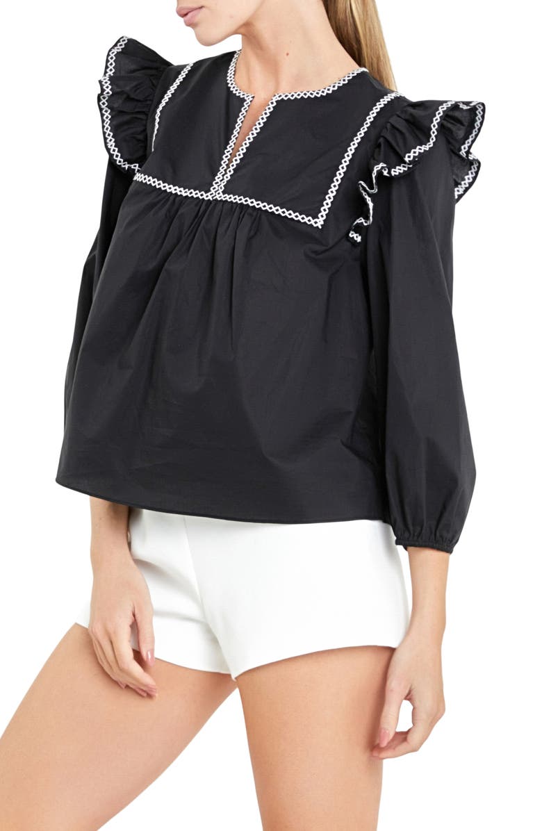 English Factory Embroidered Ruffle Balloon Sleeve Cotton Top, Alternate, color, Black/ White