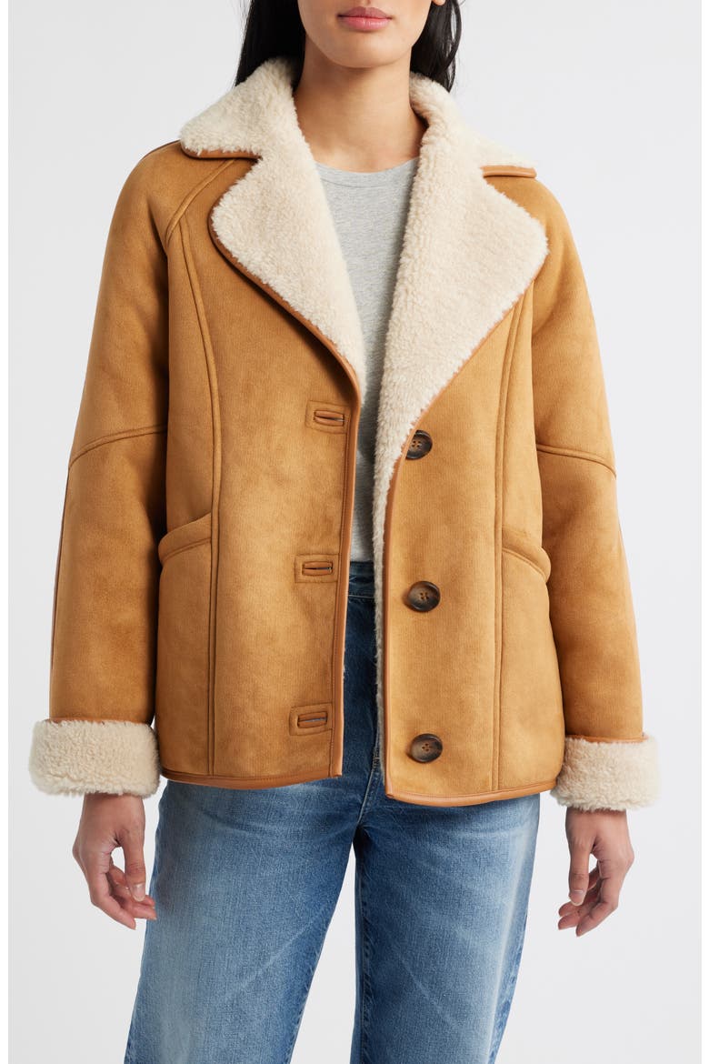 Faux Suede & Faux Shearling Jacket, Alternate, color, COGNAC/ IVORY