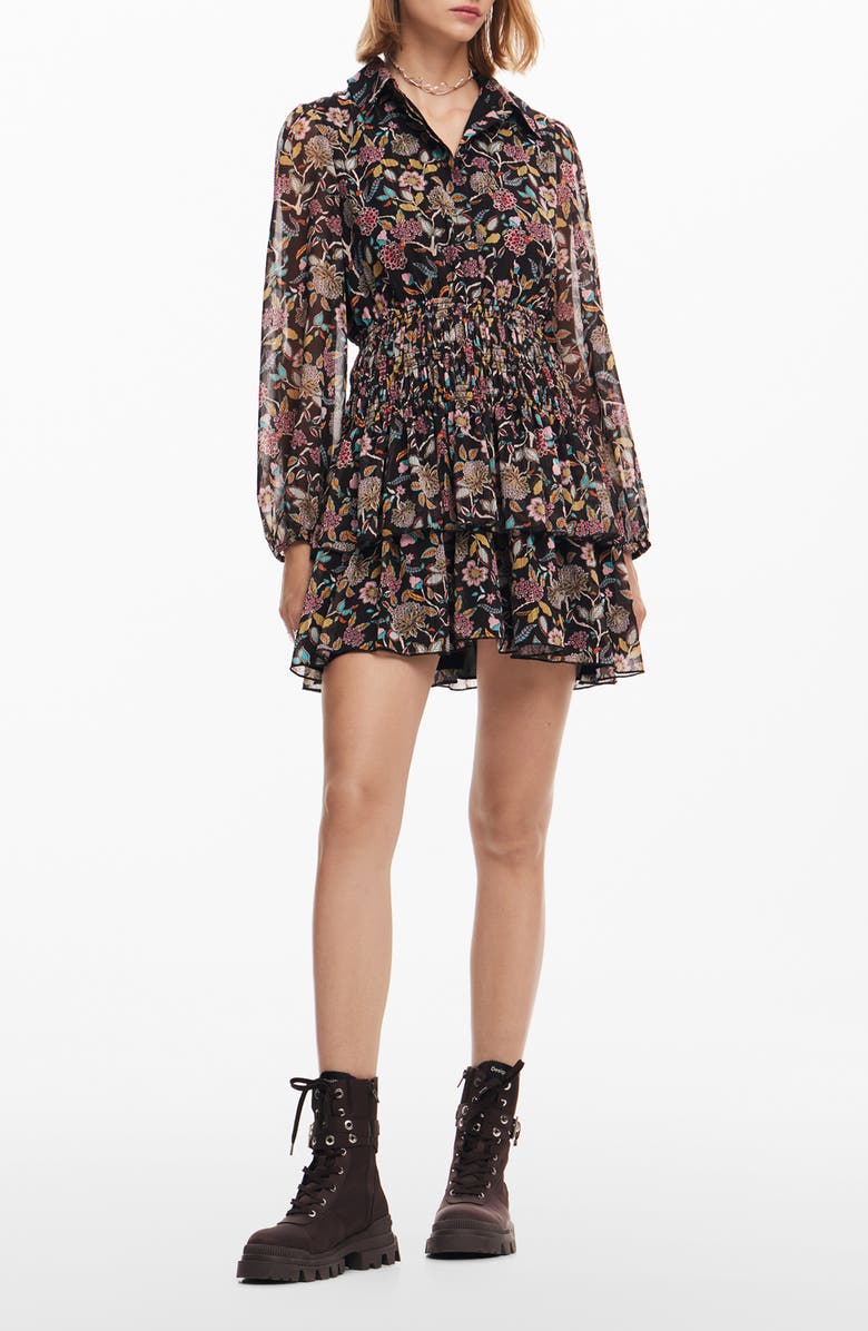 Desigual Floral Long Sleeve Tiered Minidress, Main, color, 