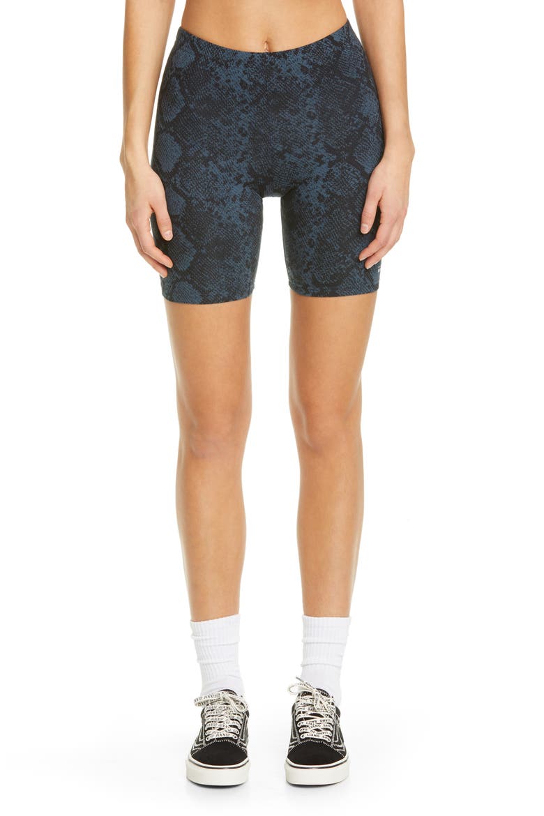 x Sandy Liang Snake Print Stretch Cotton Bike Shorts, Main, color, MIDNIGHT NAVY