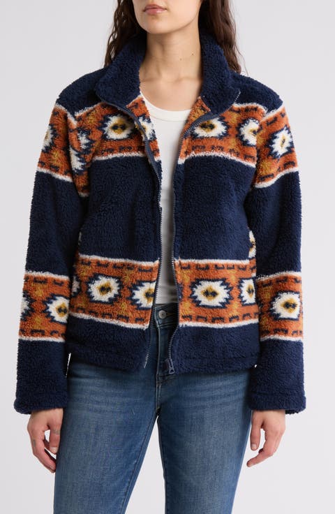 Geo Print Faux Fur Zip Jacket