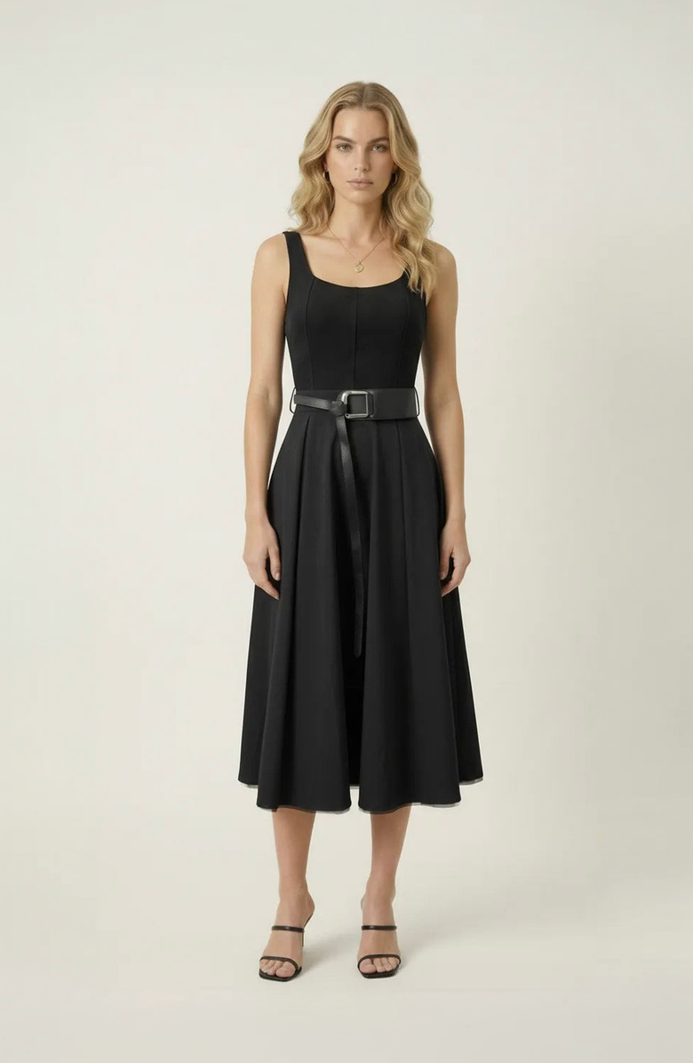 Modenaire Belted Scoop Neck Midi Dress, Main, color, Black