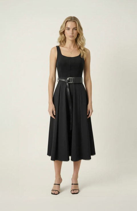 Belted Scoop Neck Midi Dress