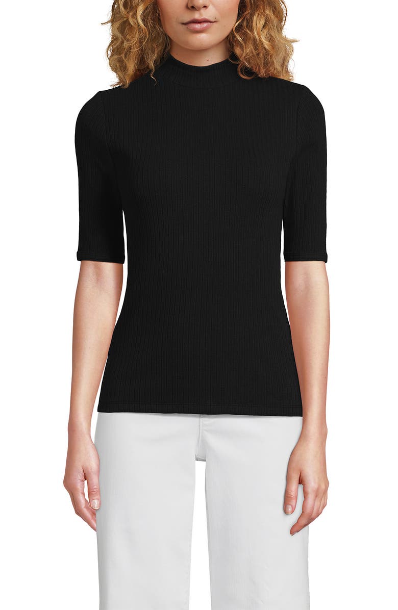 Lands' End Elbow Sleeve Pointelle Rib Mock Neck, Main, color, Black