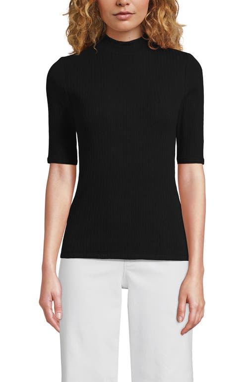 Lands' End Elbow Sleeve Pointelle Rib Mock Neck In Black
