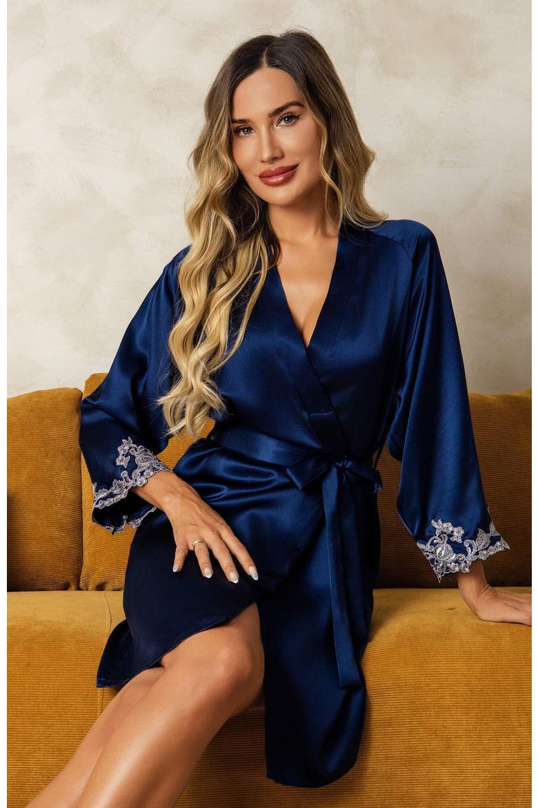 Pure Silk 3/4 Sleeves Belted Short Robe With Lace Design, Alternate, color, Dark Blue
