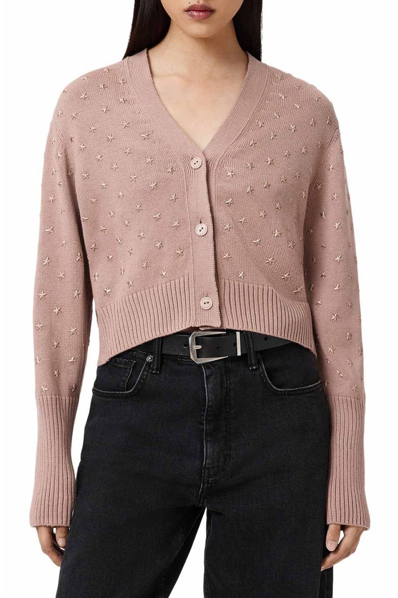 Mazy Star Studded Cotton Cardigan, Main, color, ROSE SMOKE PINK