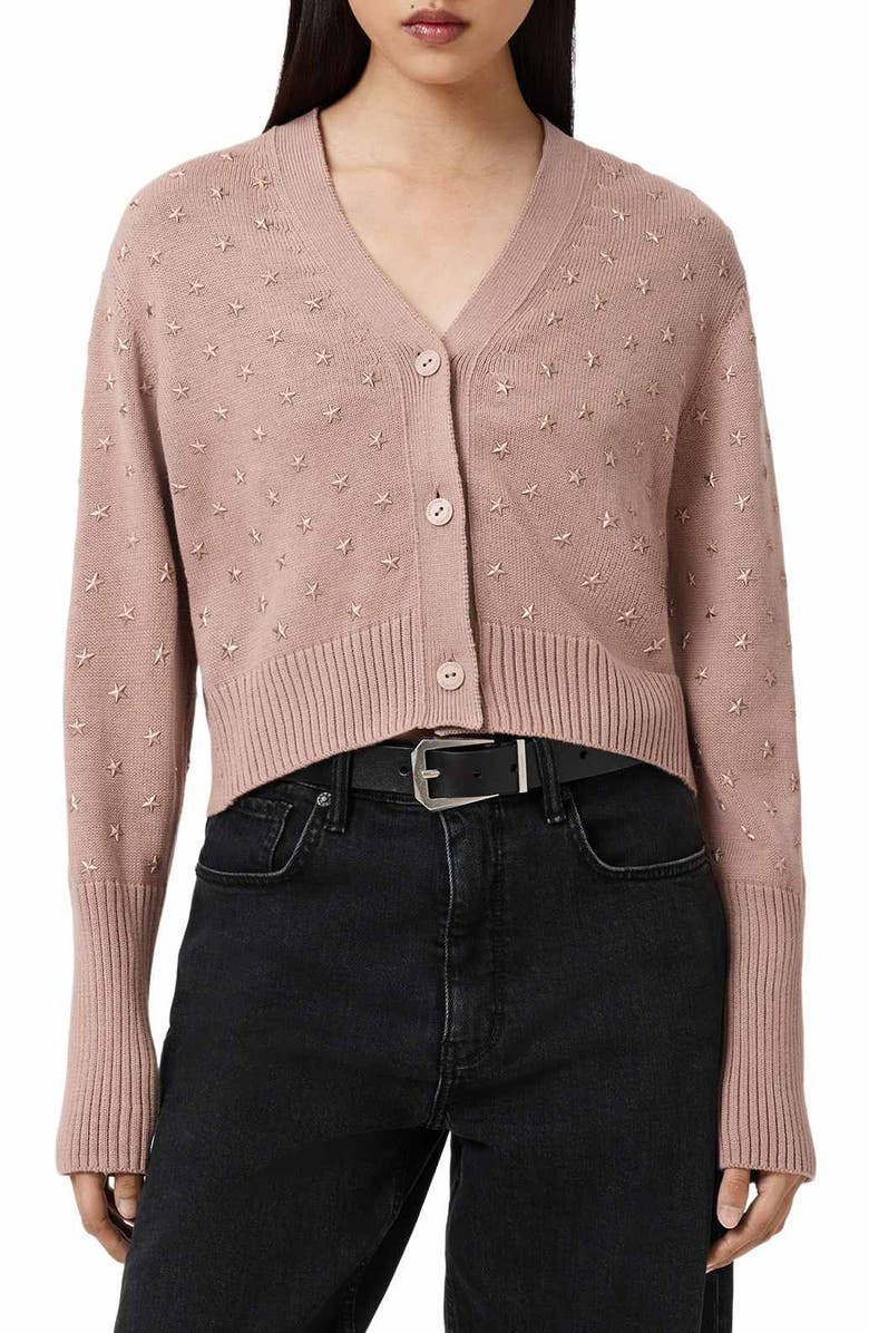 AllSaints Mazy Star Studded Cotton Cardigan, Main, color, Rose Smoke Pink