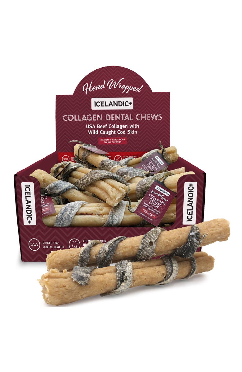 ICELANDIC+ Collagen Dental Chew Beef & Cod Skin - 18 Pack - 8" Dog Treat Stick, Main, color, Multicolored